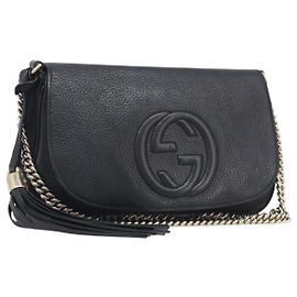 GUCCI Soho Chain Shoulder Bag Leather Black Gold 536224 Auth 207417V