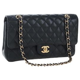 Bolso de hombro CHANEL Chain Matelasse 25 Piel Caviar Negro Oro CC Auth BA16026SV
