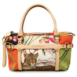 Salvatore Ferragamo Borsa Satchel Fiera in raso stampato multicolore e pelle Ferragamo