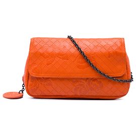 Bottega Veneta Orange Small Calfskin Intrecciomirage Embossed Butterfly Chain Crossbody