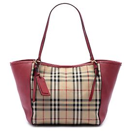 Borsa tote Burberry Canterbury Small in tela rivestita Haymarket Check beige e pelle di vitello