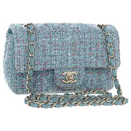 CHANEL Chanel 19 Dixneuf Schultertasche mit Kette aus Tweed in Blau und Gold CC Auth BA16208SM