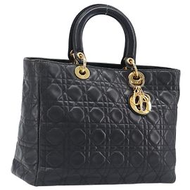 Borsa a mano Christian Dior Canage Lady Dior in pelle d'agnello nera dettagli dorati Auth LN049A