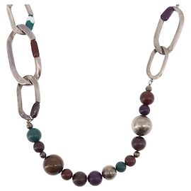 Collar CHANEL Metal Plateado Multicolor CC Auth bs37084