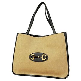Bolso Tote Gucci Horsebit Beige y Azul Marino de Cuero y Lona