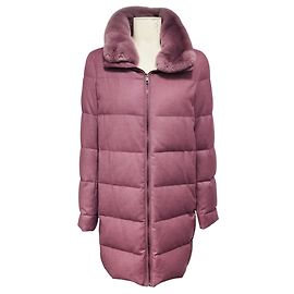 Autre Marque Amina Rubinacci Mauve Delia Quilted Zip Front Down Puffer Coat with Fur Collar