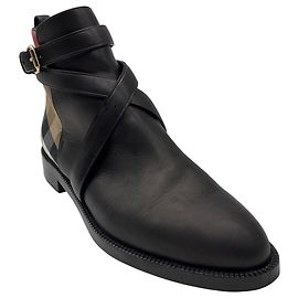 Burberry Botas de cano curto planas em couro e xadrez Black / Archive Beige