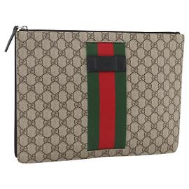 GUCCI GG Supreme Clutch Bag PVC Beige Silver 433665