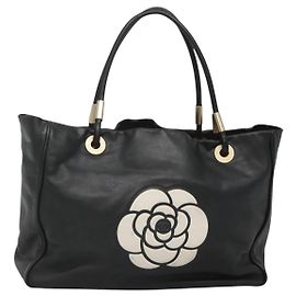 CHANEL Camelia Tote Bag Lamb Skin Black CC