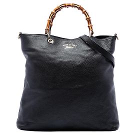 Gucci Black Tall Pebbled Calfskin Bamboo Shopper Tote