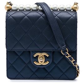 Chanel Blue Small Quilted Lambskin Chic Pearls Flap