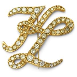 VINTAGE KARL LAGERFELD BROSCHE KL MONOGRAMM INITIALEN VERGOLDET & STRASS