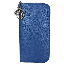 Portefeuille zippé Christian Dior Lady Dior en cuir grainé bleu métallisé