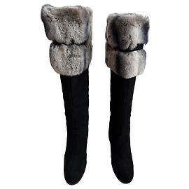 Casadei Hohe schwarze Wildlederstiefel mit Pelzbesatz