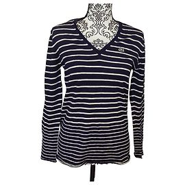 lacoste maglione donna lana scollo a v rigato blu bianco taglia 44 devanlay woolmark