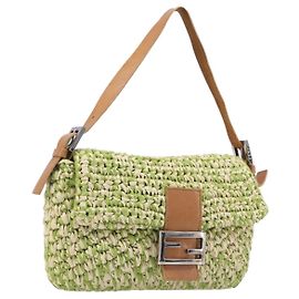 FENDI Mamma Baguette Schultertasche aus Stroh Green Silver Auth BA15846SAV