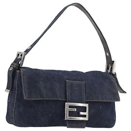 FENDI Mamma Baguette Schultertasche Denim Blue Silver Auth BA15869V