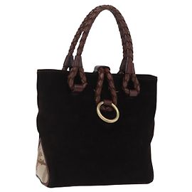 Borsa a mano BURBERRY Suede Dark Brown Gold Auth ep16404