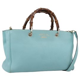 Borsa a mano GUCCI Bamboo in pelle 2way azzurro e oro 323660 Auth LN229A