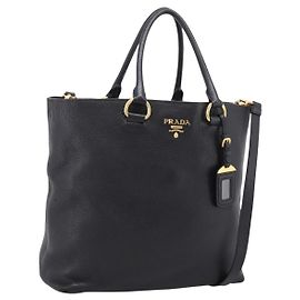 Borsa Tote PRADA in pelle 2way Nero Oro Auth yk21027V