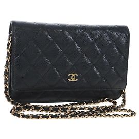 Portafoglio a Spalla CHANEL Matelasse con Catena in Pelle Caviar Nero Oro CC Auth 200576SM