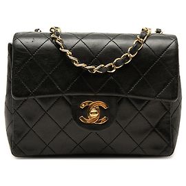 Sac bandoulière Chanel Mini Square Classic Single Flap en agneau noir