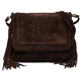 Borsa a tracolla Chanel CC in camoscio marrone con nappe