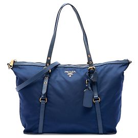 Borsa Tote Convertibile con Chiusura a Zip Prada in Tessuto con Rifiniture in Saffiano Blu