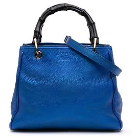 Gucci Small Bamboo Shopper Satchel aus metallisiertem Kalbsleder in Blau