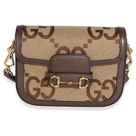 Borsa a tracolla Gucci Camel Ebony Monogram Jumbo GG in pelle di vitello Web Mini Horsebit 1955