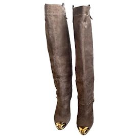 Gianmarco Lorenzi Stivali alti in camoscio marrone con punta in metallo dorato