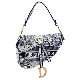Borsa Saddle Dior in tela blu ricamata Around the World
