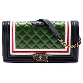 Chanel Green Multicolor Quilted Lambskin Crest East West Boy Flap