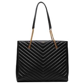 Autre Marque Saint Laurent Sac Shopping Tribeca Large en Cuir Grain De Poudre Noir avec Motifs Chevron
