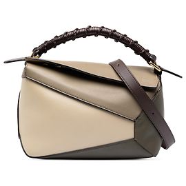 LOEWE Bolso Satchel Puzzle Edge Pequeño de Piel de Becerro Trenzada Tricolor Marrón