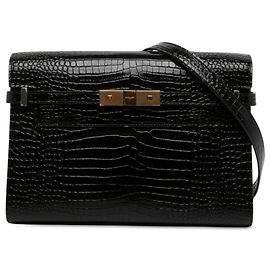 Autre Marque Saint Laurent Manhattan Schultertasche mittel schwarz aus glänzendem Krokoprägeleder