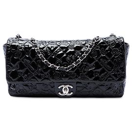 Chanel Black Jumbo Patent Embossed Lucky Symbols Flap