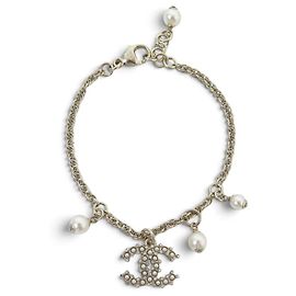 NUOVO BRACCIALE CHANEL LOGO CC STRASS E PERLE 2019 17-19CM METALLO DORATO BANGLE
