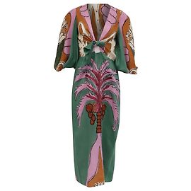 Johanna Ortiz Midi-Kleid mit Tropenprint aus multicolorigem Leinen