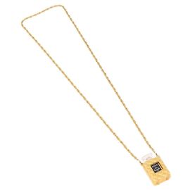 Pendente a catena lunga in metallo con cristalli e perle sintetiche a forma di flacone di profumo Chanel CC