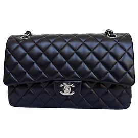 Chanel Classic Double Flap Medium Schwarz Lammleder Silber
