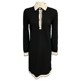 Abito midi Gucci in viscosa stretch a maniche lunghe, Nero / Avorio, con bottoni in perla logo GG