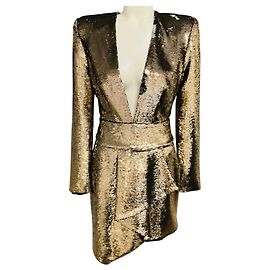 Mini abito da cocktail Alexandre Vauthier in paillettes metallizzate oro, maniche lunghe e scollo a V
