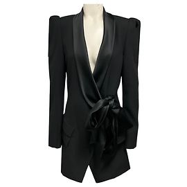 Alexandre Vauthier Mini-Cocktailkleid aus Wolle im Smoking-Stil mit schwarzem Satinbesatz