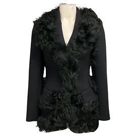 Prada Black Double Stretch Wool Giacca Jacket with Fur Trim