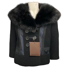 Louis Vuitton Black / Navy Blue Silk Trimmed Wool Jacket with Fur Collar