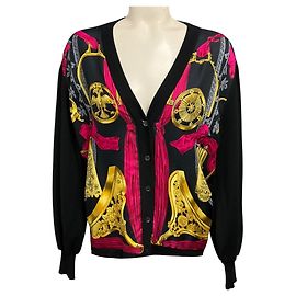 Hermès Hermes Strickcardigan aus Kaschmir und Seide mit mehrfarigem Seidentuch-Print Schwarz / Rosa / Gold