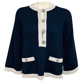 Camisola de cashmere Chanel Collection Chanel Airlines 2016 Azul marinho / Cinza com botões logo CC