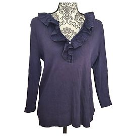 Lauren Ralph Lauren top feminino azul marinho decote v canelado com folhos em algodão tamanho 42/XL