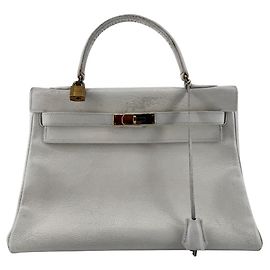 Hermès — Kelly 32 Retourné Vintage Circa 1959, Pelle Box Bianca, Rifiniture Placcate Oro